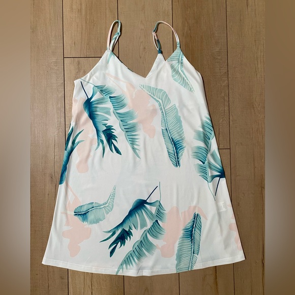 Tropical Spaghetti Strap Mini Dress - Luau Party Dress Size M Palm Leaf Print - Picture 1 of 9